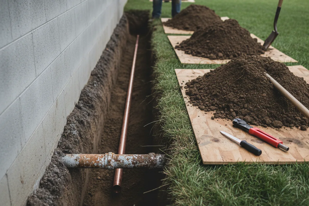 Excavated water line trench during Sewer Line Repair in Rock Cave